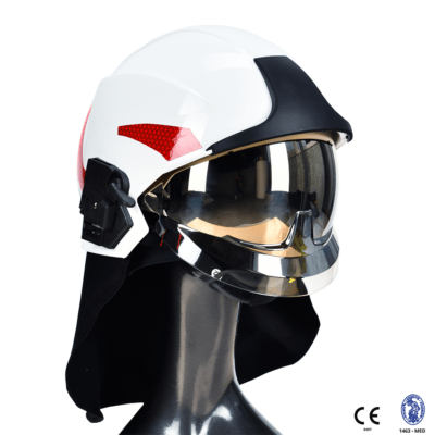 Casque de pompier NEO Type F1 en finition blanche, conçu pour les interventions en milieu urbain.