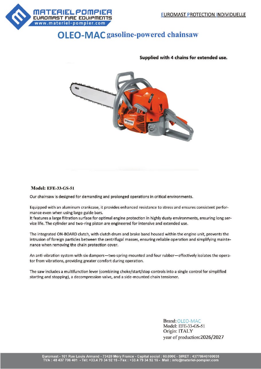 Oleo-Mac gasoline-powered chainsaw datasheet