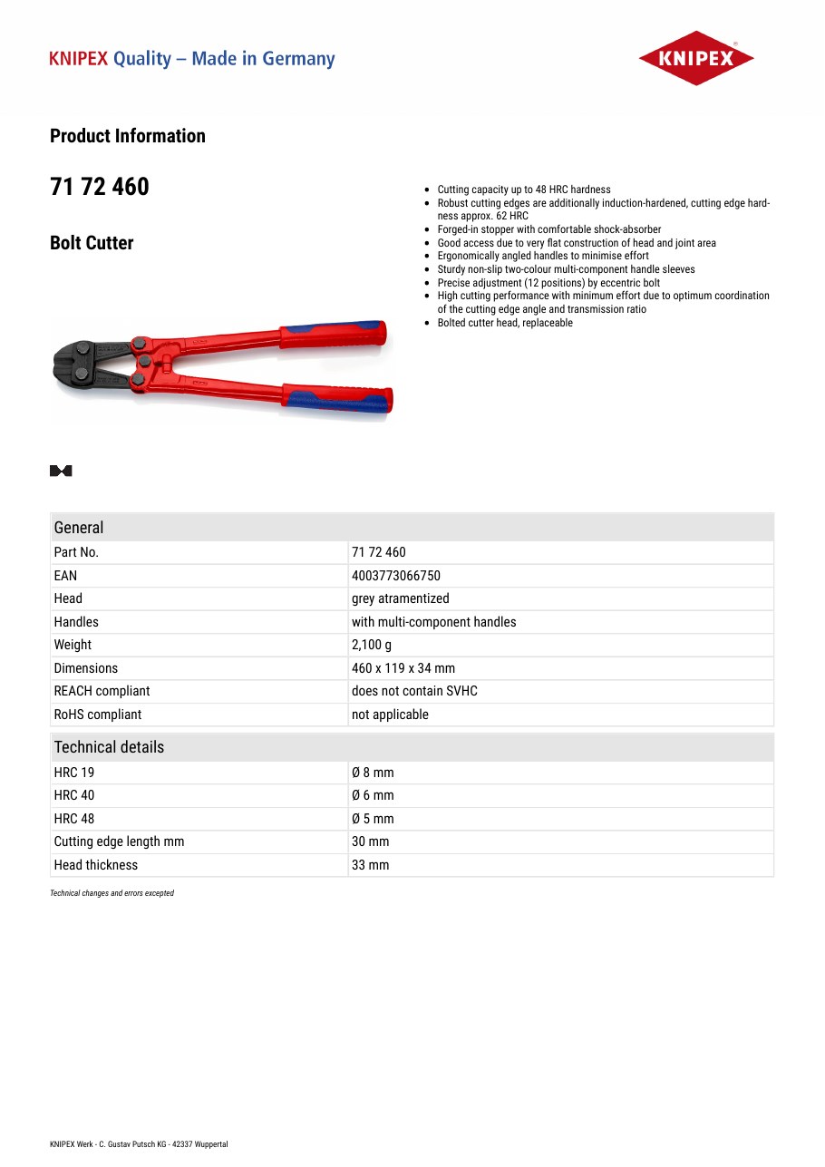 Lock cutter bolt cutter datasheet